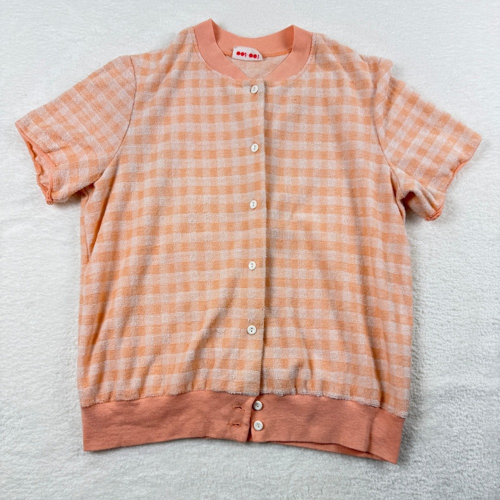 Vintage Cos Cob Terry Cloth Cardigan Women Large Peach Gingham Retro Beachy